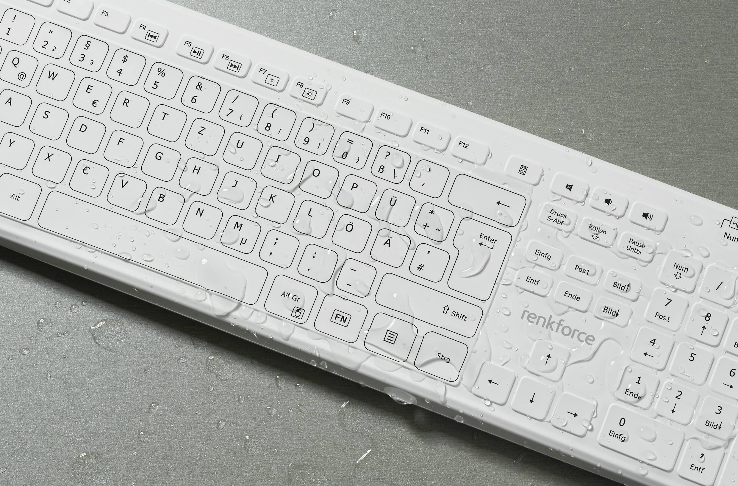 Renkforce RF-WRK-300 Kabellos Hygiene-Tastatur Deutsch, QWERTZ Weiß (matt) Spritzwassergeschützt