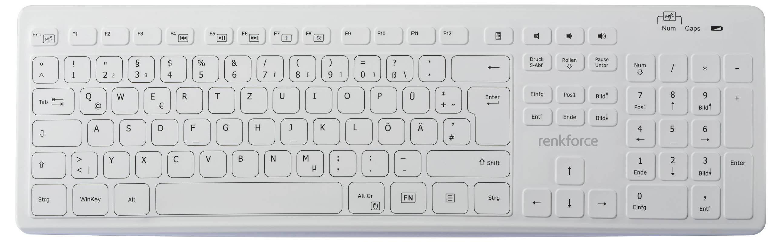 Renkforce RF-WRK-300 Kabellos Hygiene-Tastatur Deutsch, QWERTZ Weiß (matt) Spritzwassergeschützt