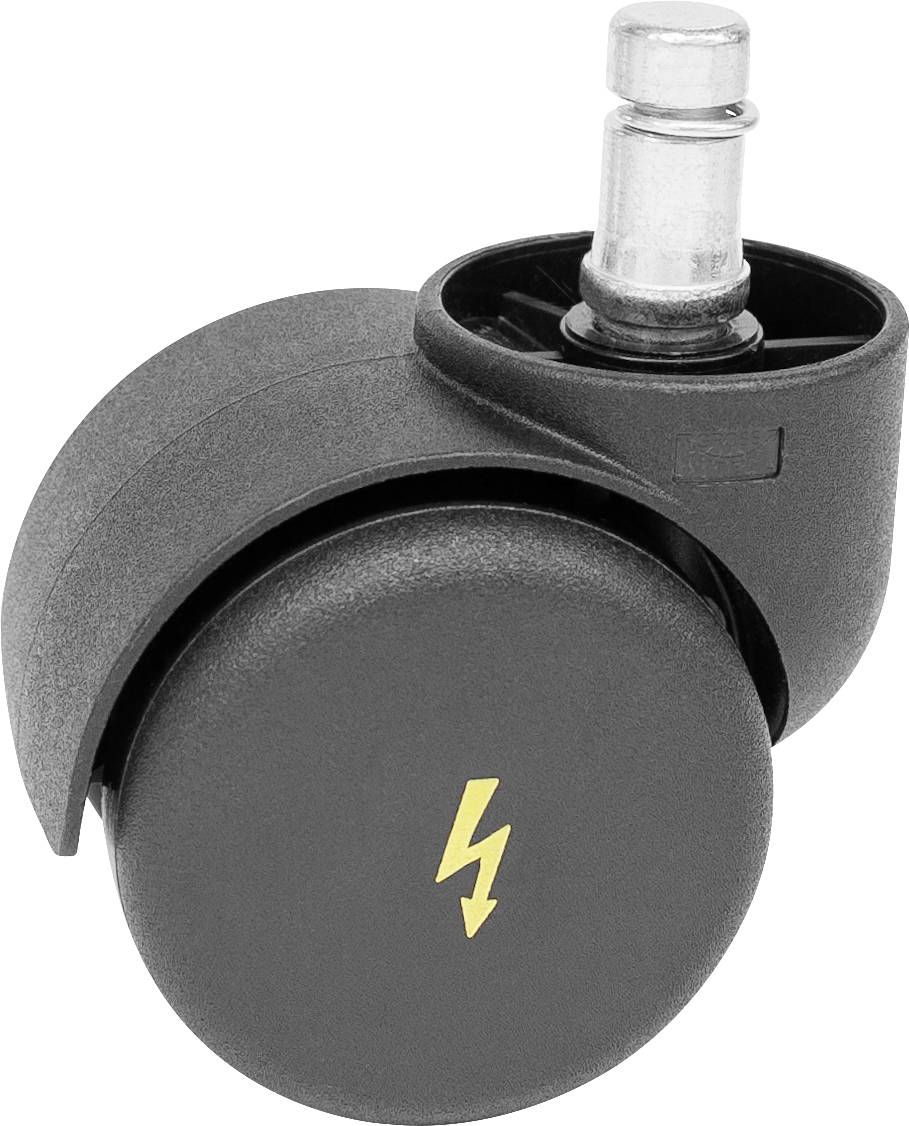 Schwarzes Möbelrad mit einem gelben Blitzsymbol auf der Seite, designed für die Montage an Stühlen oder anderen Einrichtungsgegenständen.