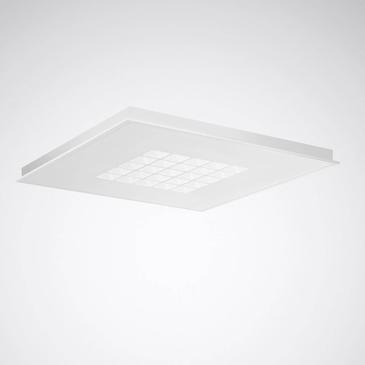 Eine rechteckige, weiße Deckenleuchte mit quadratischem Rastermuster in der Mitte. Minimalistisches Design für moderne Innenräume.