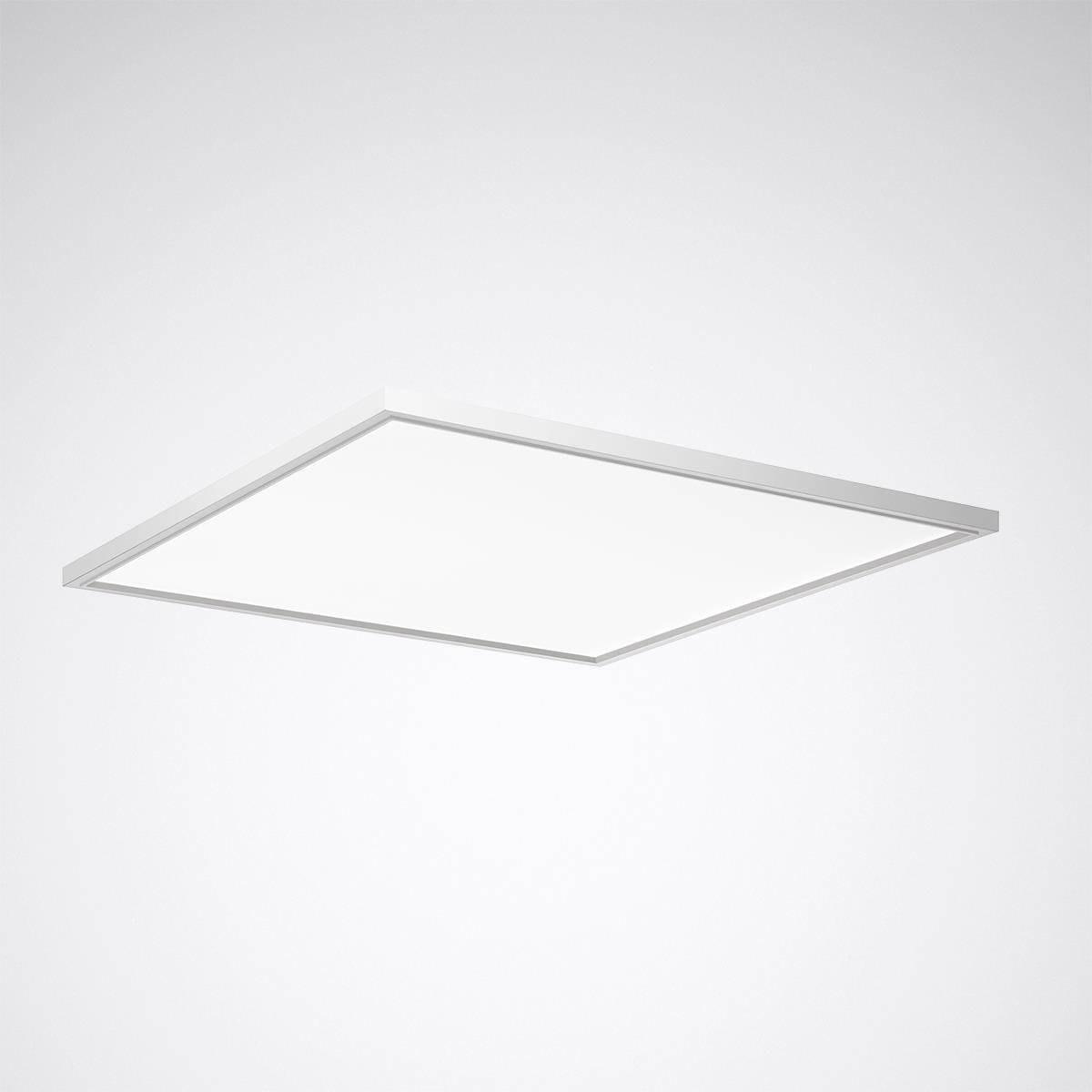 Weiße quadratische LED-Deckenleuchte vor einem grauen Hintergrund. Minimalistisches Design mit schmalem Rahmen.