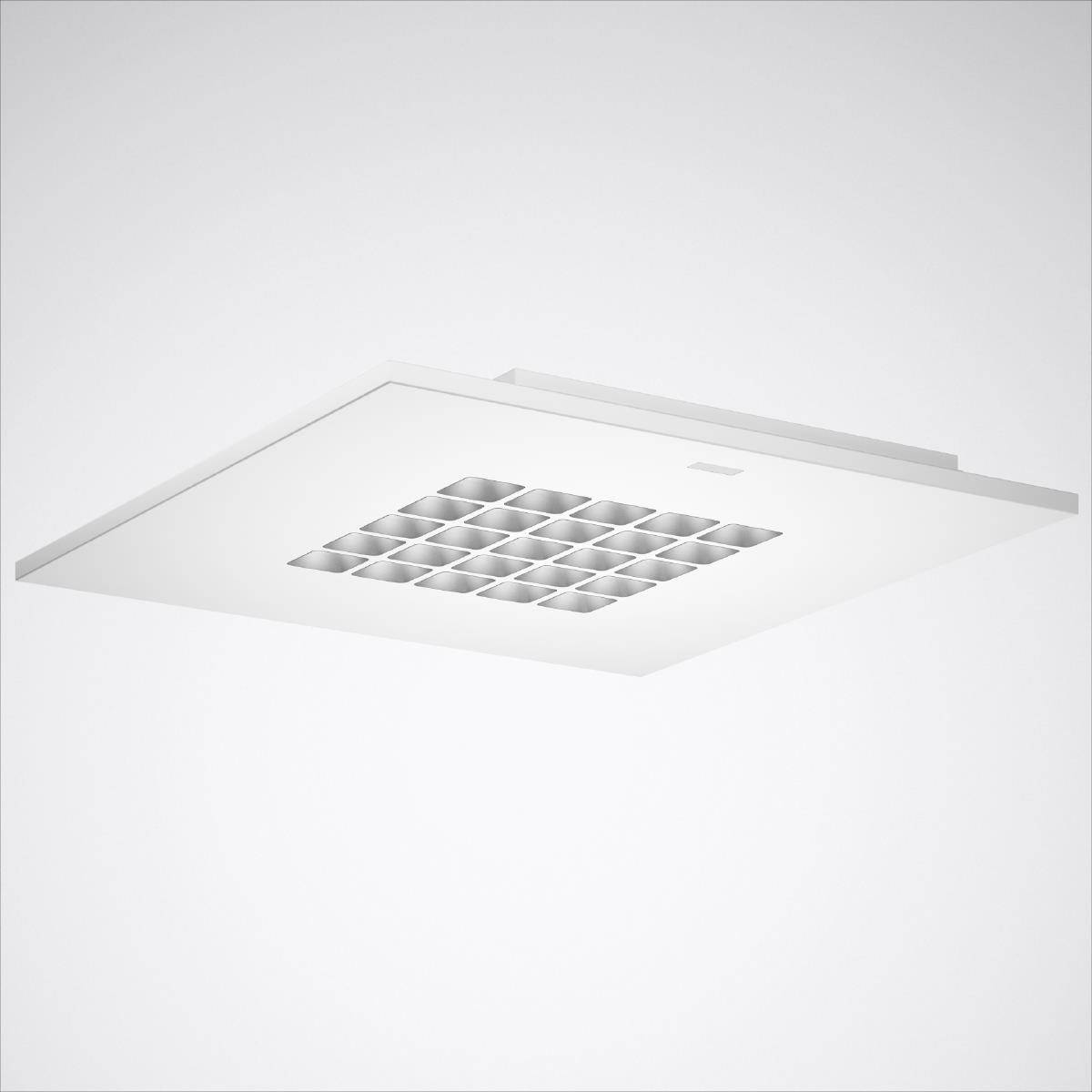 Weiße, quadratische LED-Deckenleuchte mit einem Raster von kleinen, quadratischen Lichtquellen in der Mitte. Minimalistisches Design.