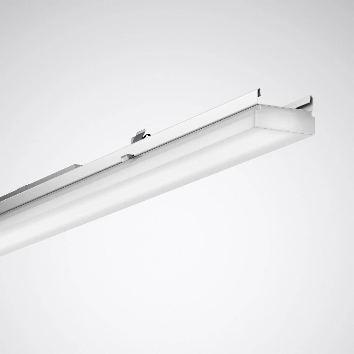 Ein weißes, modernes Deckenpaneel-Lichtsystem mit schlichter Form. Geeignet für Büros oder Wohnbereiche, um gleichmäßige Beleuchtung zu bieten.