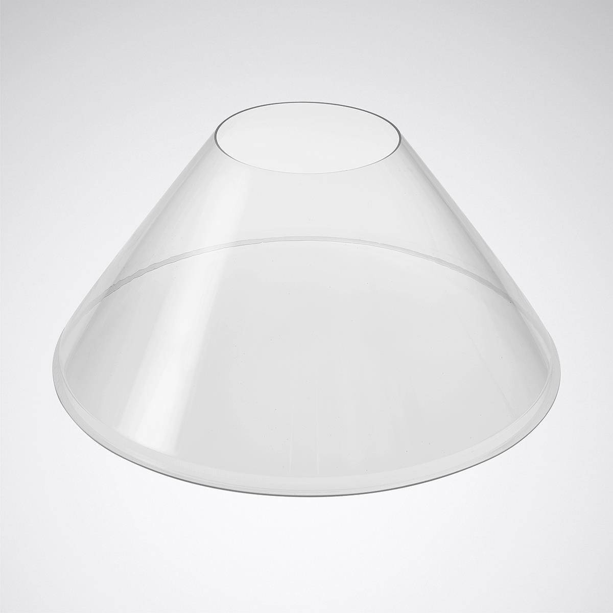 Transparenter, konischer Hundekragen auf grauem Hintergrund. Verwendet als Schutz zur Verhinderung von Verletzungen beim Lecken oder Kratzen.