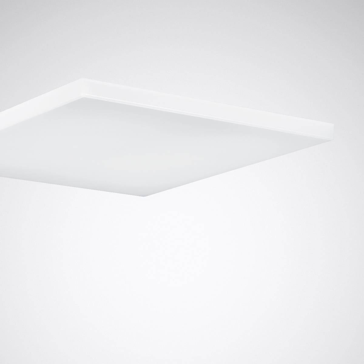 Ein weißes quadratisches LED-Deckenpaneel vor einem grauen Hintergrund.