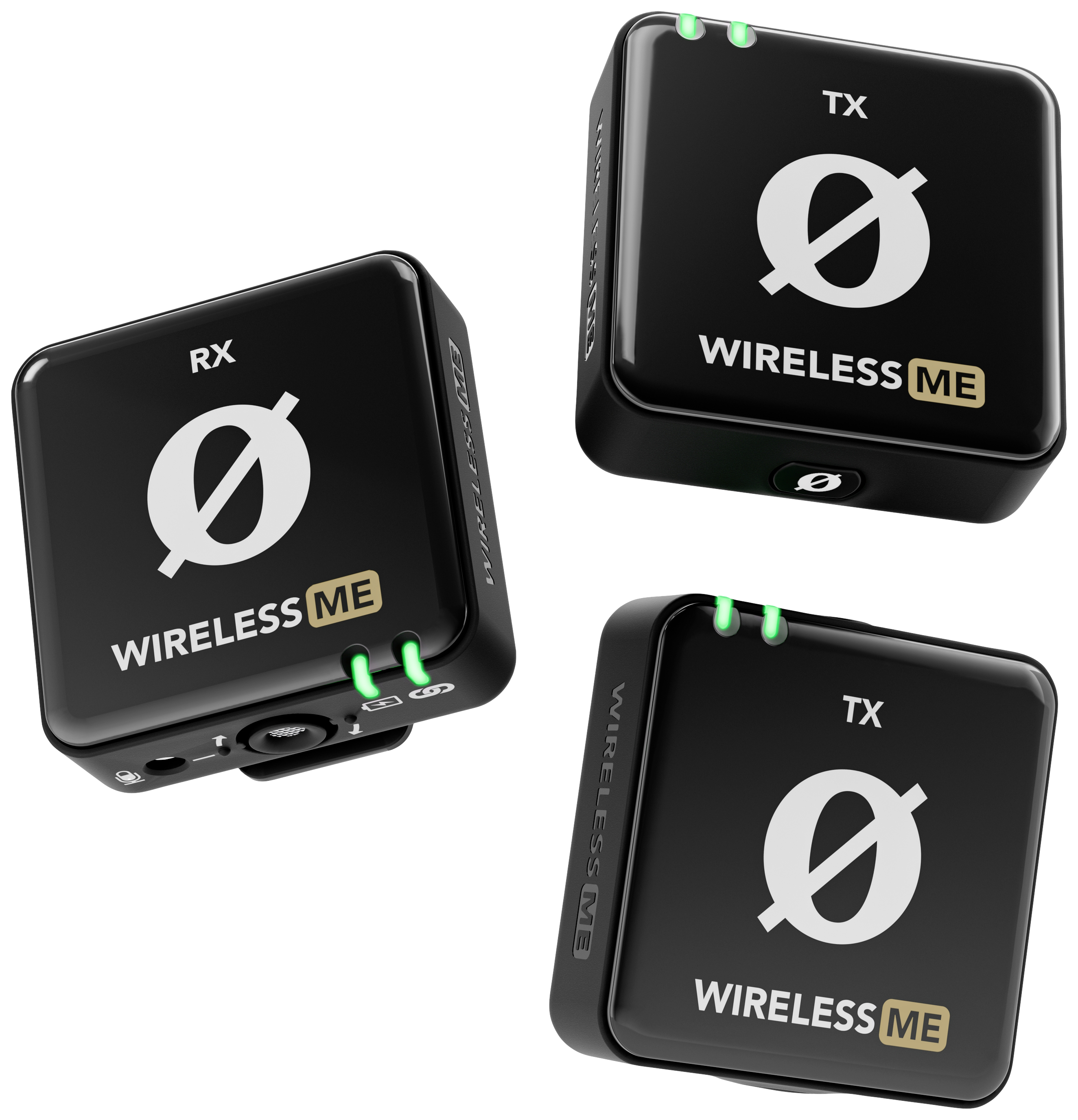 Drei schwarze drahtlose Audio-Transmitter und -Empfänger, jeweils mit 'Wireless ME'-Aufschrift und leuchtenden Indikatoren.