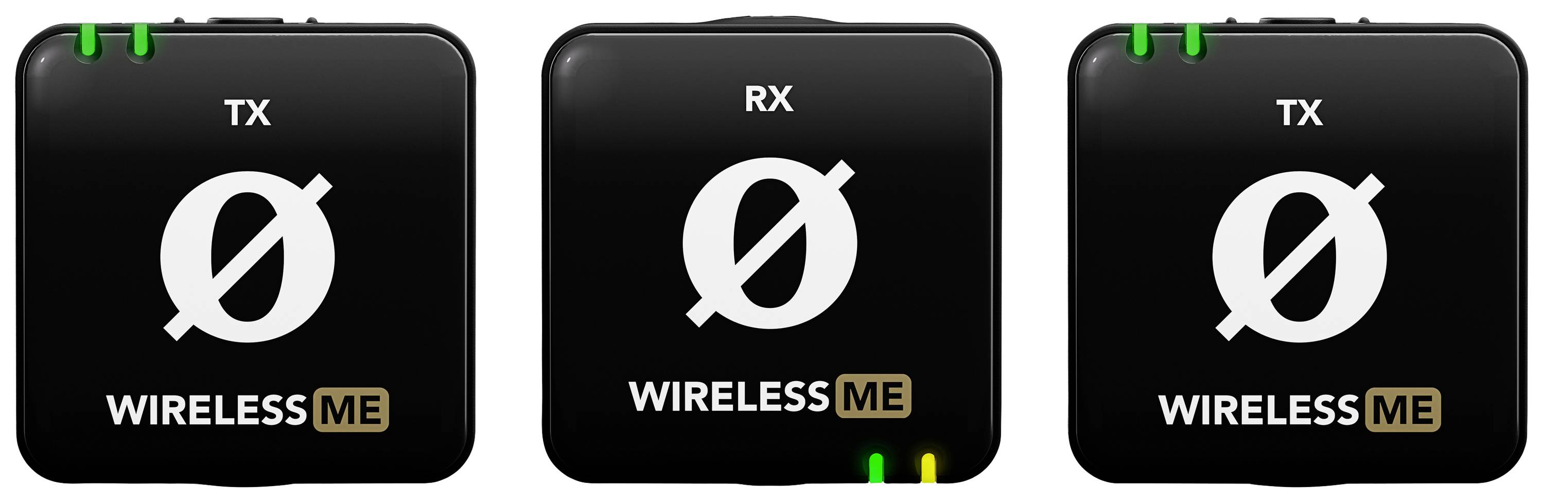 Drei schwarze drahtlose Audiogeräte mit den Beschriftungen 'TX', 'RX', und 'WIRELESS ME'. 'TX' und 'RX' zeigen Statuslichter.