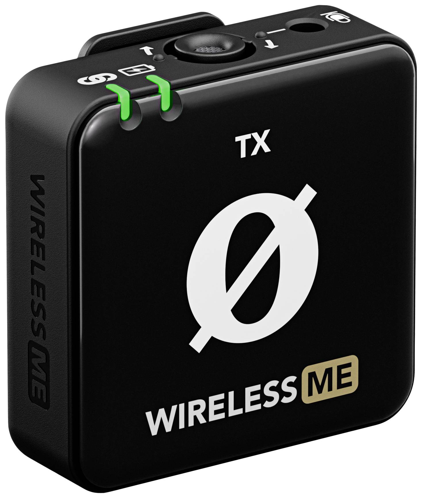 Schwarzes, quadratisches Wireless-Mikrofon mit der Aufschrift 'WIRELESS ME' und 'TX'. Zwei grüne Kontrollleuchten an der Oberseite.