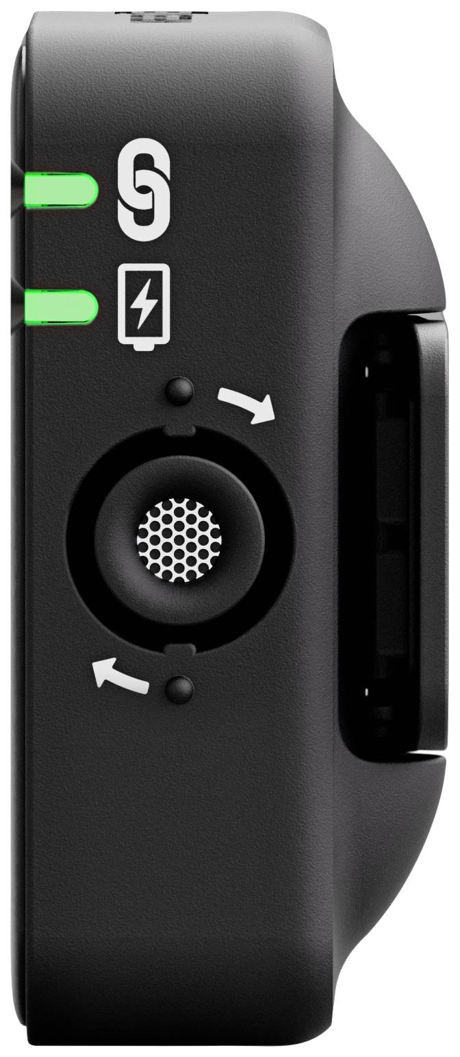 Eine schwarze elektronische Geräteseite mit zwei grünen LED-Leuchten und einem Lautsprechergitter in der Mitte. Symbole für Bluetooth und Batterie sind sichtbar.