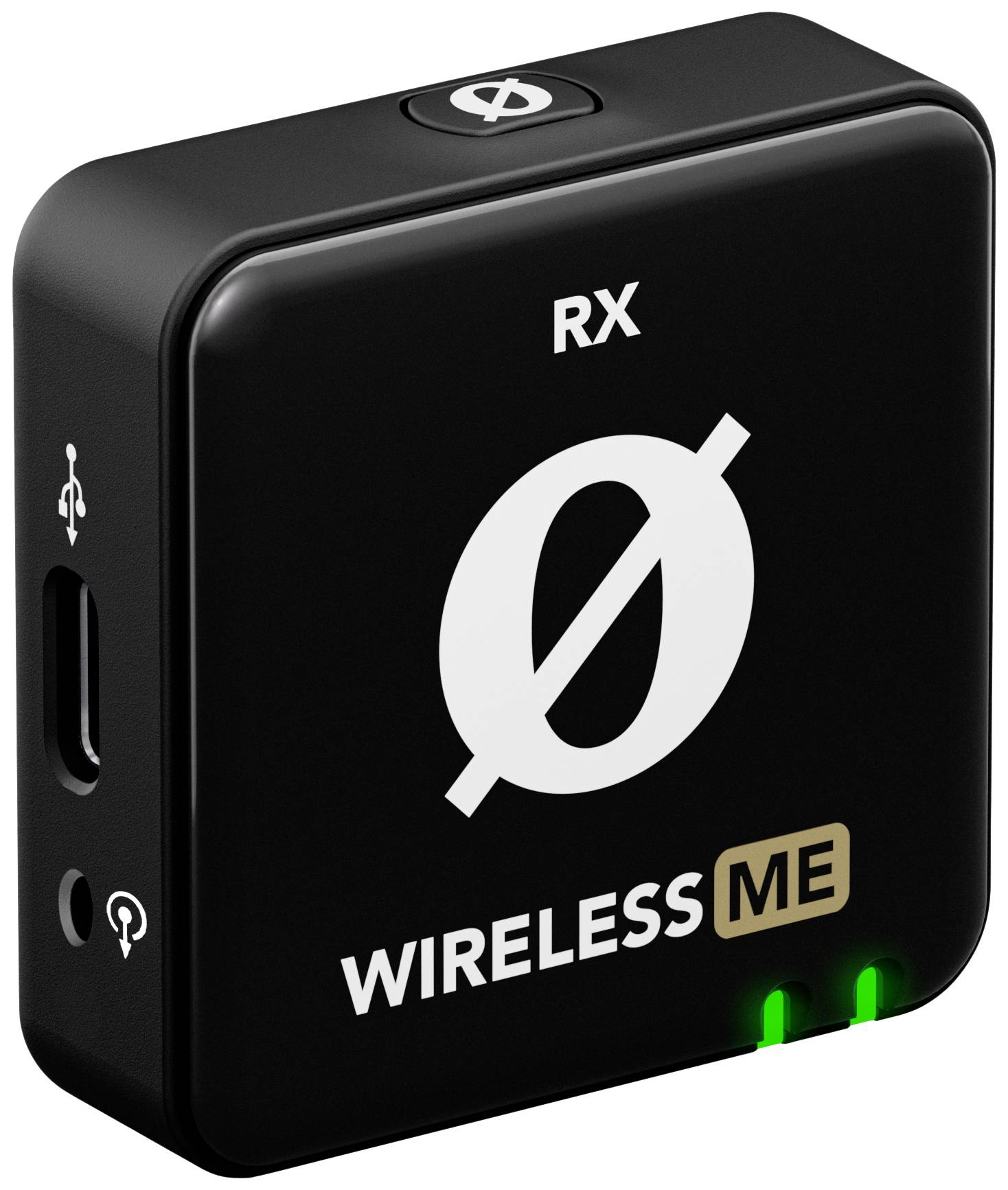 Kompaktes, schwarzes Wireless-Audioempfängergerät mit 'RX', Ø-Logo und 'WIRELESS ME' Aufschrift. Zeigt USB-Anschluss und zwei grüne LEDs.