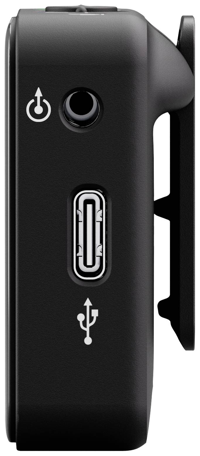 Seitliche Ansicht eines schwarzen elektronischen Geräts mit einem Netzschalter und einem USB-Anschluss.