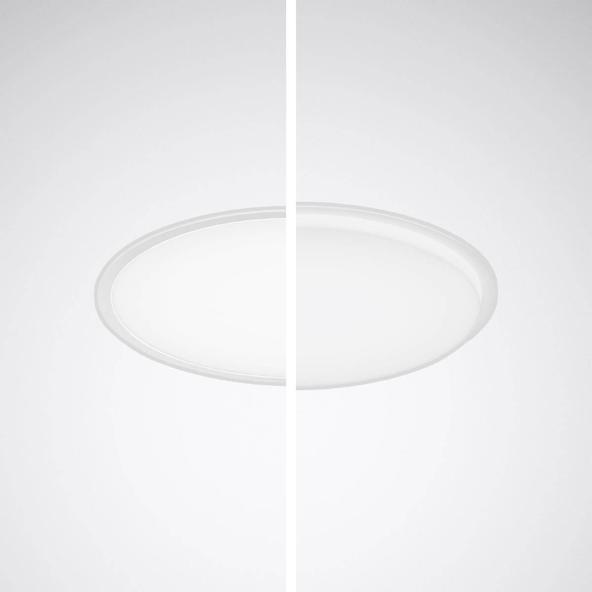 Eine runde Deckenlampe in zwei Hälften unterteilt. Links mit reduziertem Licht, rechts mit vollem Licht. Grauer Hintergrund.