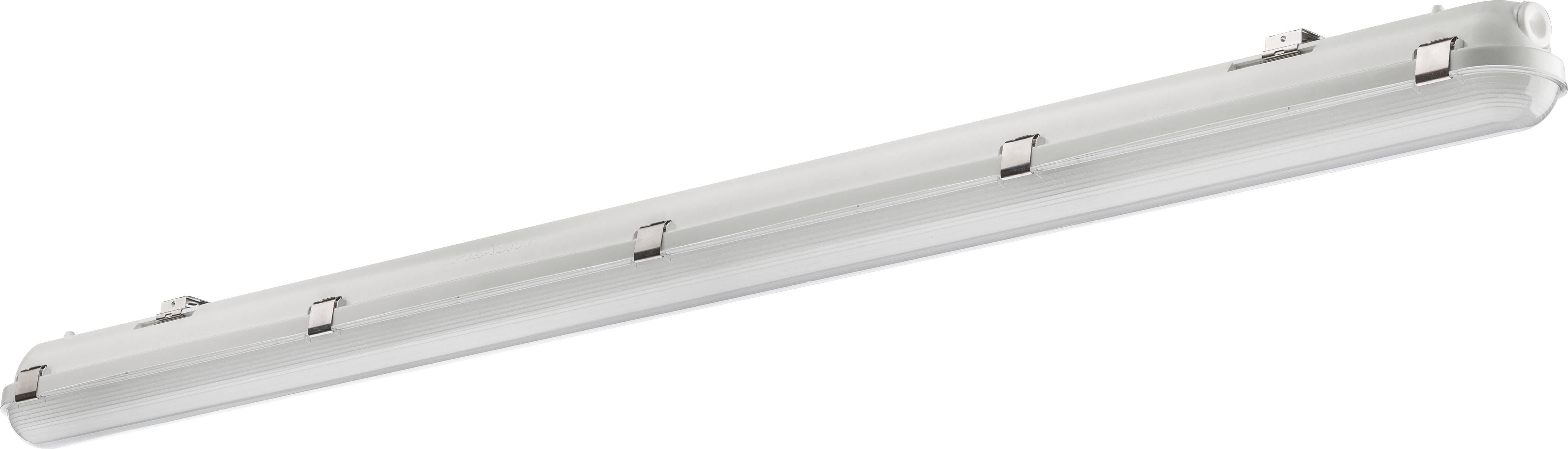 Eine längliche LED-Leuchte mit einem schlanken, neutralen Design, eignet sich für industrielle oder gewerbliche Beleuchtung.