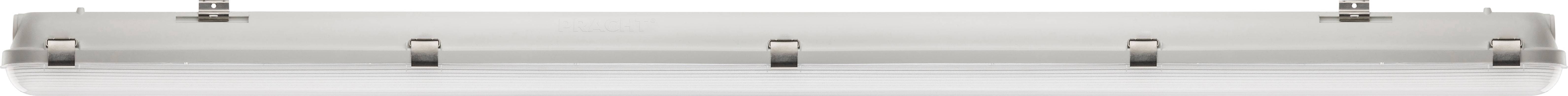 Eine lange, zylindrische Leuchte mit vier Halterungen zur Befestigung an der Wand oder Decke. Die Oberfläche ist metallisch glänzend.