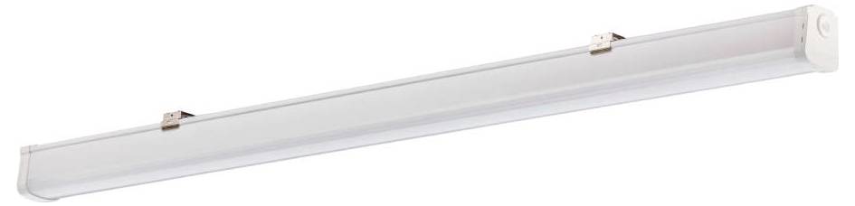 Eine weiße LED-Leuchte mit einer langen, röhrenförmigen Gestaltung, mit Metallhalterungen montiert, geeignet für die Deckeninstallation in Gewerberäumen.