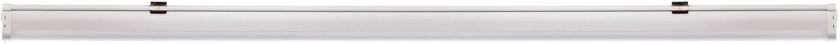 Eine minimalistische silberne Gardinenstange, die von zwei dunklen Halterungen gehalten wird.