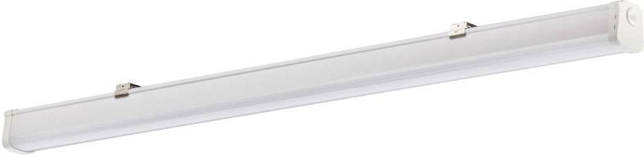 Eine weiße LED-Röhrenleuchte mit stromlinienförmigem Design, befestigt mit Metallklammern, geeignet für Deckenmontage.