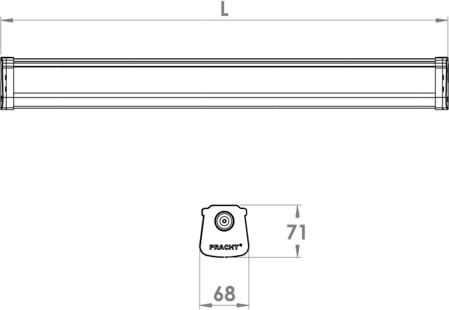 'PRACHT' Marken-Linearleuchte Diagramm mit Abmessungen: Länge 'L', Breite 68 und Höhe 71. Front- und Seitenansicht dargestellt.