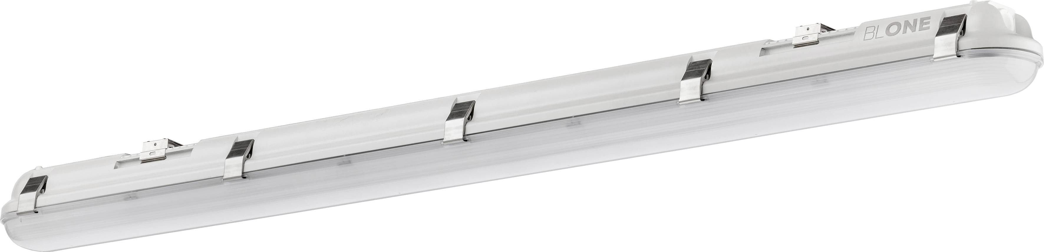 Eine lange, rechteckige LED-Leuchte mit weißem Gehäuse und mehreren Metallklammern an den Seiten, konzipiert für die Deckeninstallation.