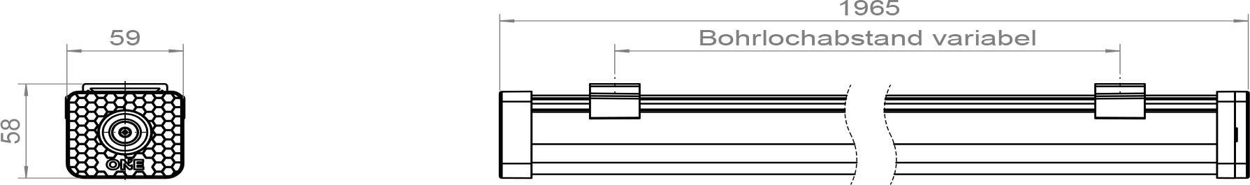 Technische Zeichnung eines zylindrischen Objekts mit Maßen: Länge 1985 mm, Breite 59 mm, Höhe 59 mm. Variabler Bohrlochabstand.