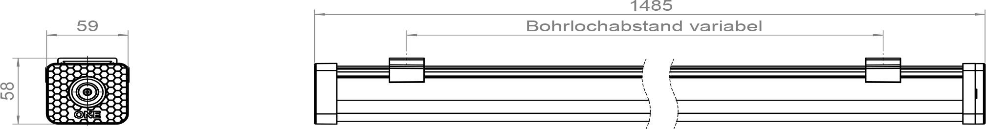 Technische Zeichnung eines zylindrischen Objekts mit verstellbaren Stützen, Maßangaben: 59 mm Breite und 1465 mm Länge, beschriftet mit 'Rohrabstand variabel'