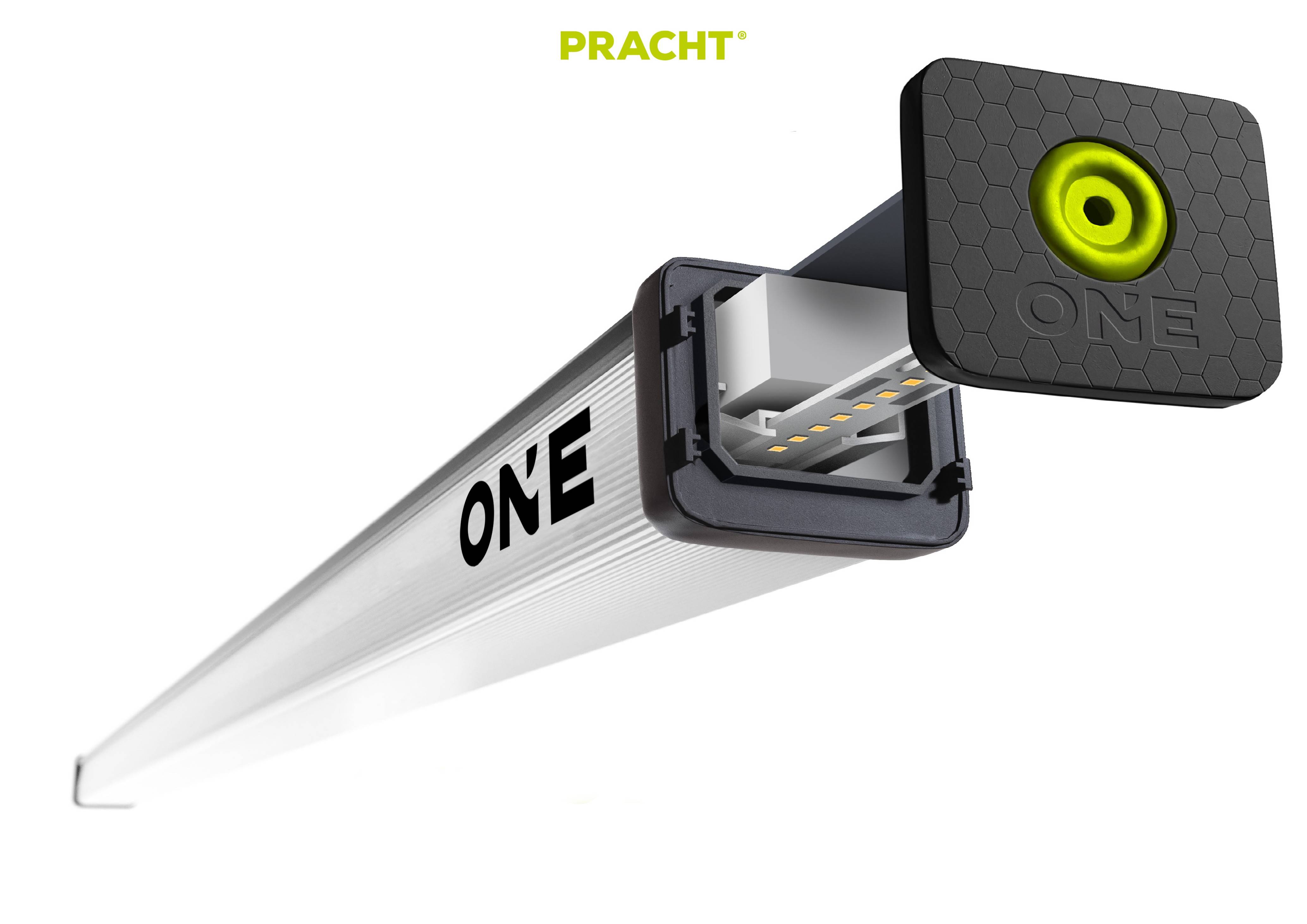 LED-Leuchte von Pracht mit der Aufschrift 'ONE', modern und schlank im Design, mit herausragendem Leuchtkörper und farbigem Akzent.