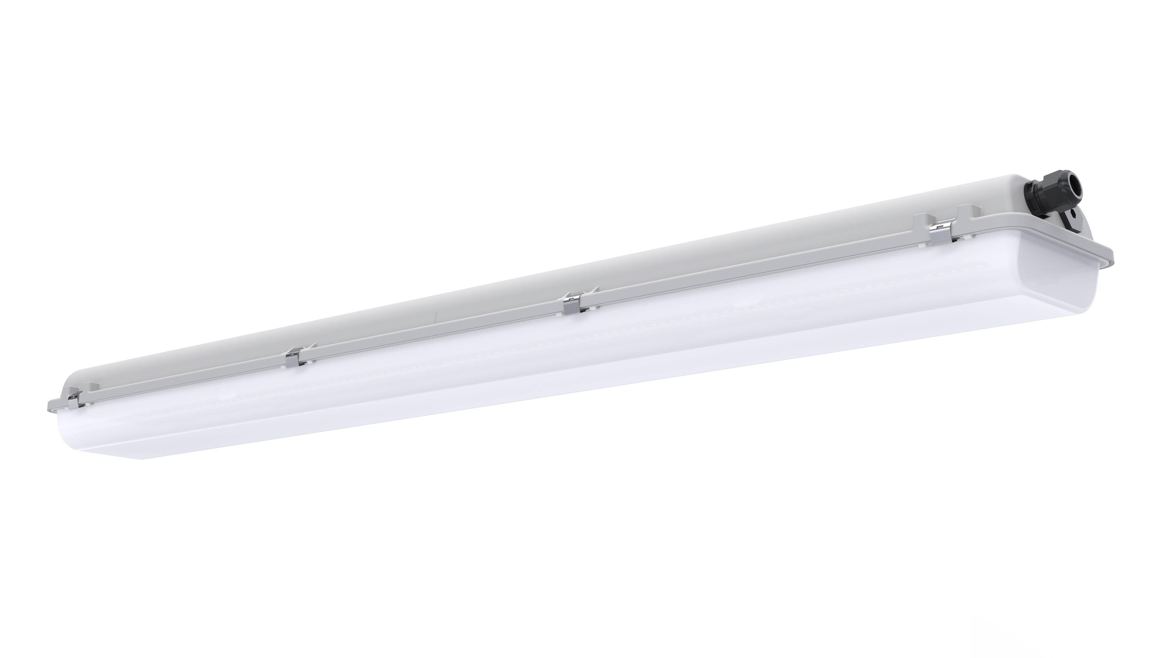 Eine längliche LED-Lampe in einem weißen, rechteckigen Gehäuse, geeignet für die Deckenmontage in industriellen oder gewerblichen Räumen.