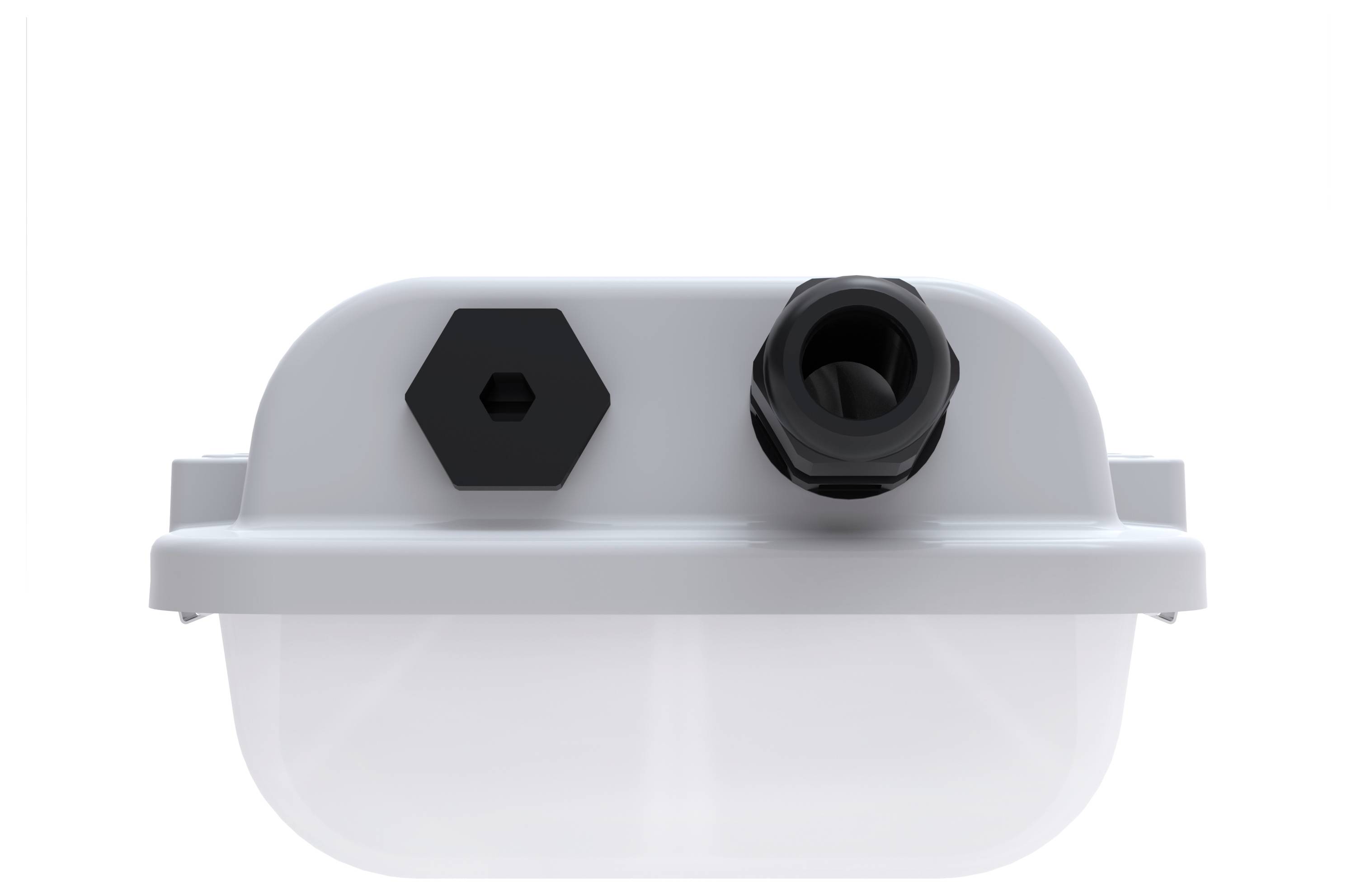 Ein weißer Plastikbehälter mit einem schwarzen sechseckigen Deckel und einer schwarzen runden Düse oben, von vorne betrachtet.