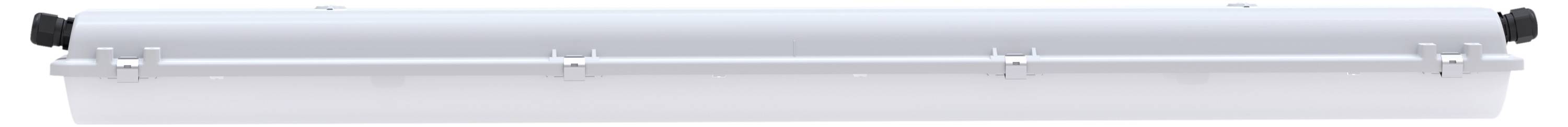 Eine lange, zylindrische LED-Leuchte mit einem schmalen, weißen Gehäuse und Endkappen.