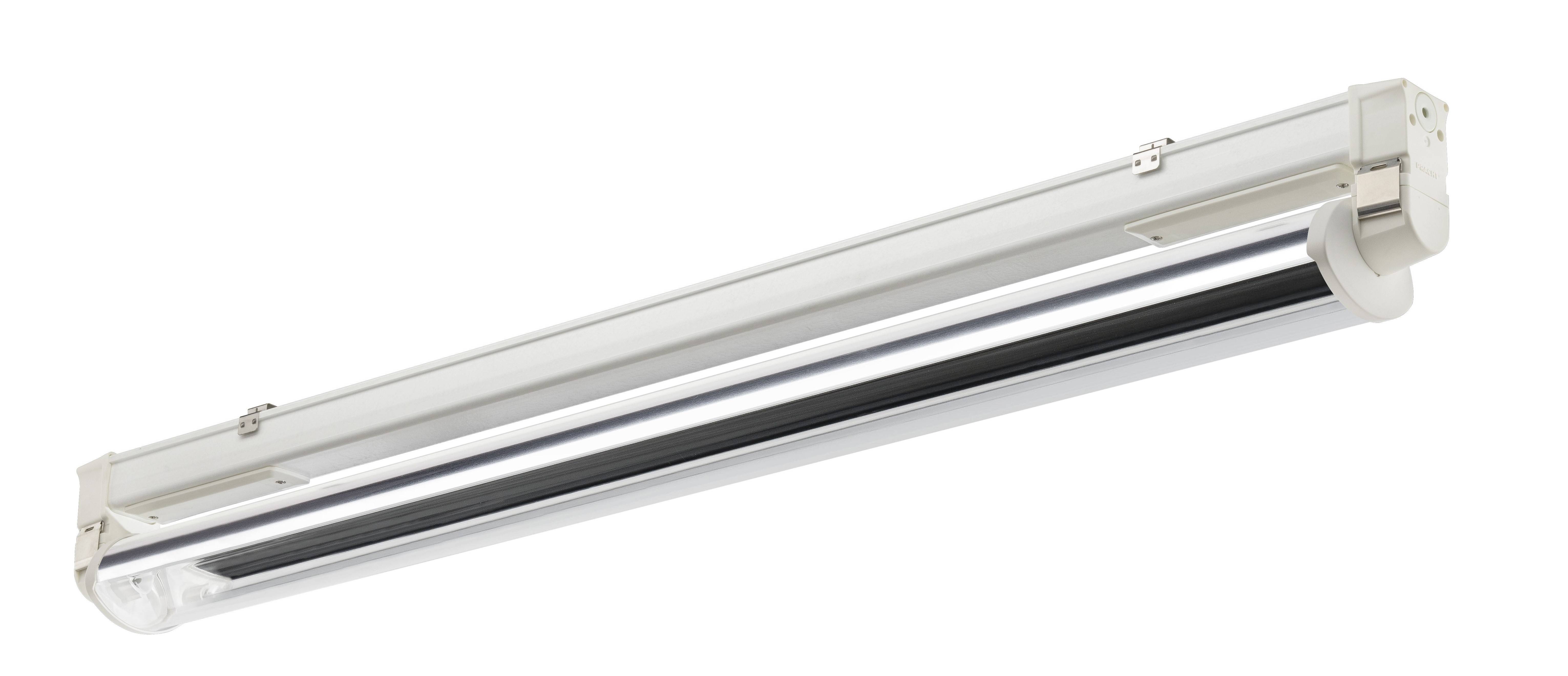 Eine silberne LED-Leuchte in rechteckiger Form, geeignet für die Deckenmontage. Ideal für industrielle oder gewerbliche Räume.