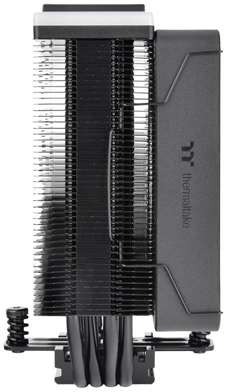 Kühler mit vertikalen Kühlrippen und mehreren Heatpipes, schwarzes Design, geeignet für Computer-CPUs zur Wärmeableitung.