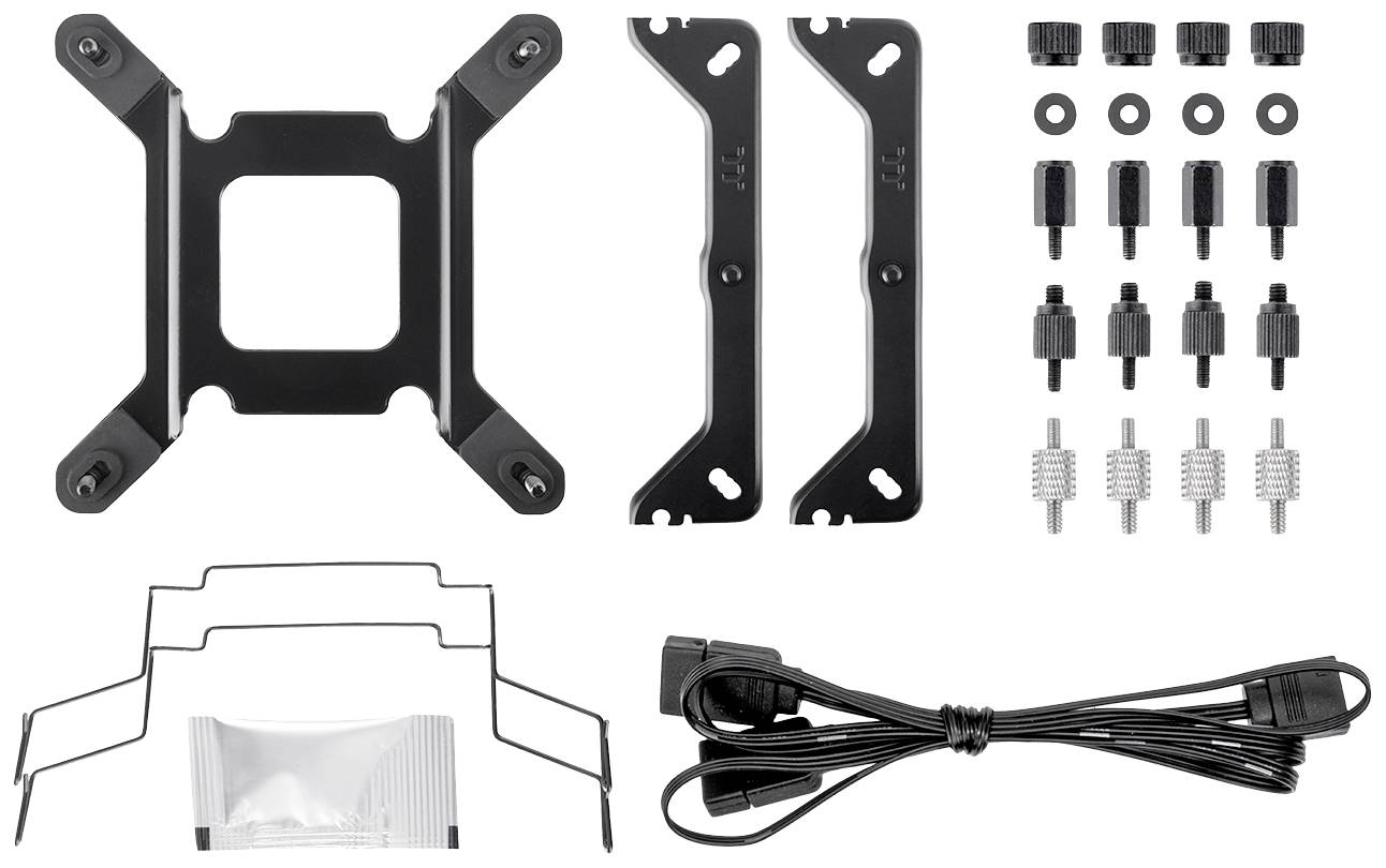 Montagekit für PC-Kühler: beinhaltet Montagehalterungen, Schrauben, Abstandhalter, Kabel und eine Tüte Wärmeleitpaste.