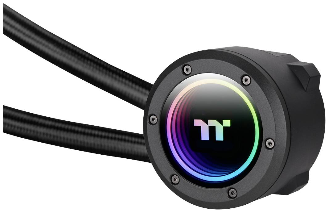 Kühlkopf einer Wasserkühlung mit RGB-Beleuchtung und schwarzem Gehäuse, zwei Schläuche angeschlossen.