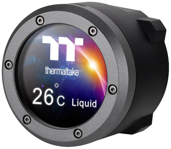 Ein rundes Thermaltake-Display zeigt '26 °C Liquid' an. Es ist ein Teil eines Computer-Kühlsystems mit Temperaturanzeige.
