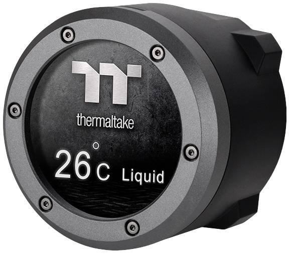 Rundes Thermaltake-Gerät zur Temperaturanzeige, zeigt '26°C Liquid', verwendet zur Überwachung von Flüssigkeitstemperaturen in PCs.