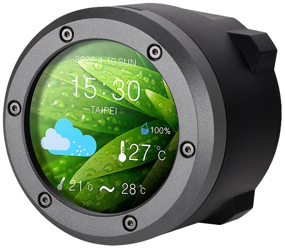 Rundes Smart-Display mit Wetteranzeige. Zeigt: '2022 4.10 SUN', Zeit '15:30', Ort 'Taipei', bewölkt, 27°C, 100% Luftfeuchtigkeit.