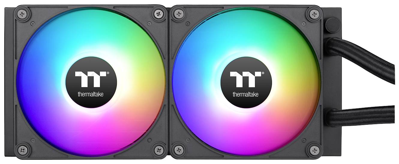 Zwei computergesteuerte Lüfter mit mehrfarbiger Beleuchtung von Thermaltake. Die Lüfter sind nebeneinander montiert und verbinden Kabel.