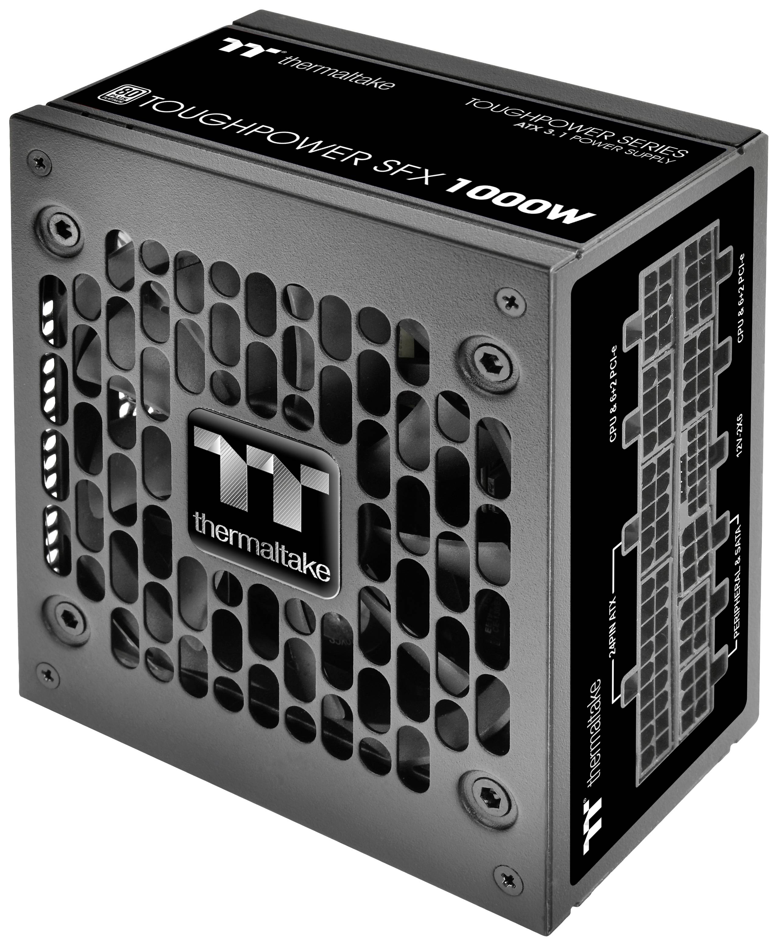 Schwarzes Thermaltake-Netzteil mit dem Text 'Toughpower SFX 1000W', Lüftergitter vorne. Geeignet für leistungsstarke PCs.