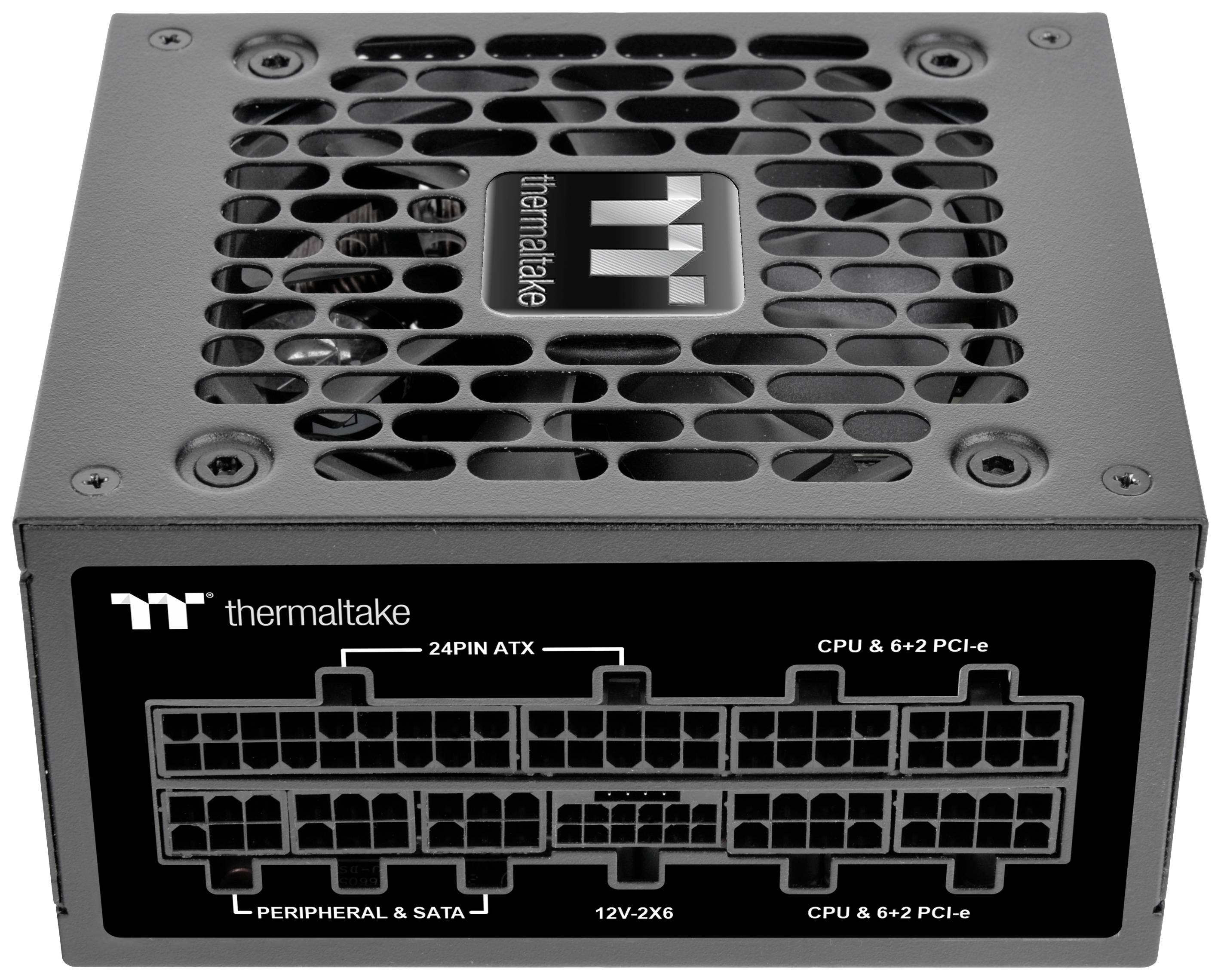 Ein schwarzes Thermaltake-Netzteil mit Anschlussübersicht. Zeigt Slots für 24 PIN ATX, CPU & PCI-e, Peripherie & SATA, 12V-2x6.