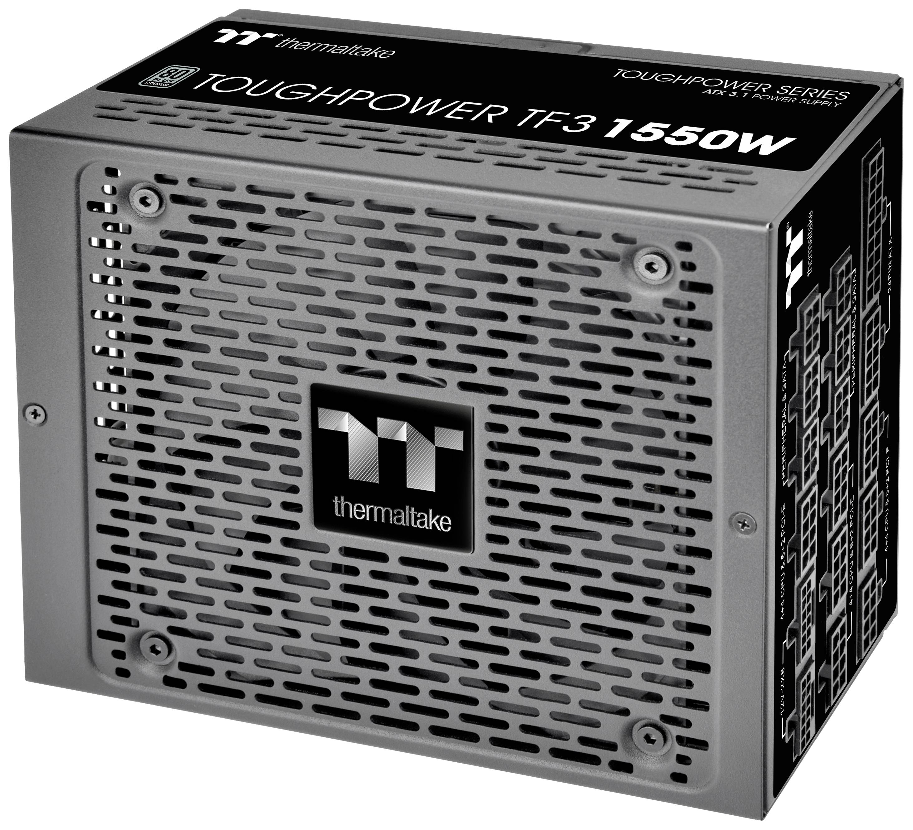 Netzteil der Marke Thermaltake, Modell Toughpower TF3, mit einer Leistung von 1550 Watt.