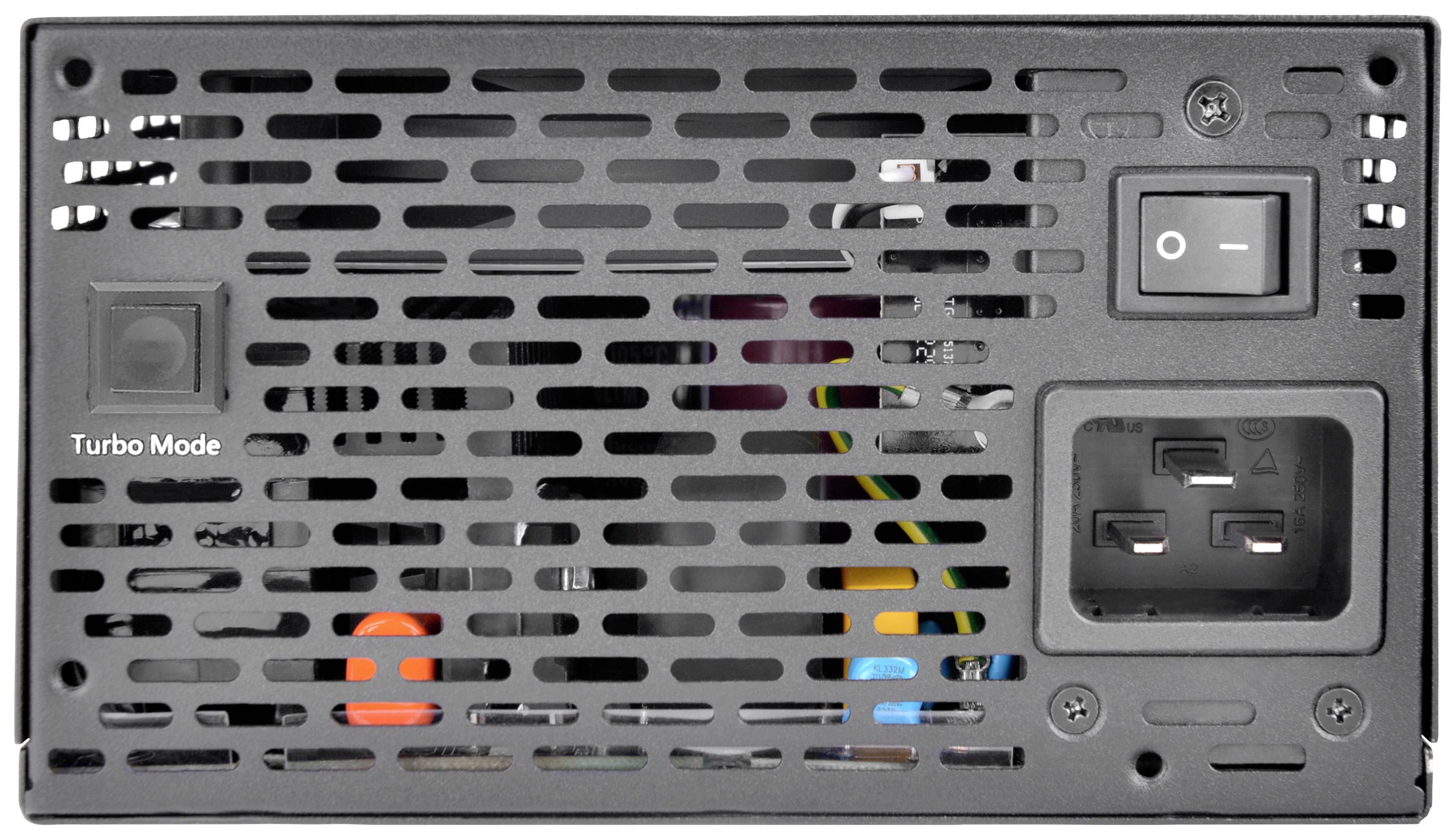 Netzteil-Rückseite mit Schalter, Stromanschluss und 'Turbo Mode'-Taste. Ventilatorgitter für Kühlung sichtbar.