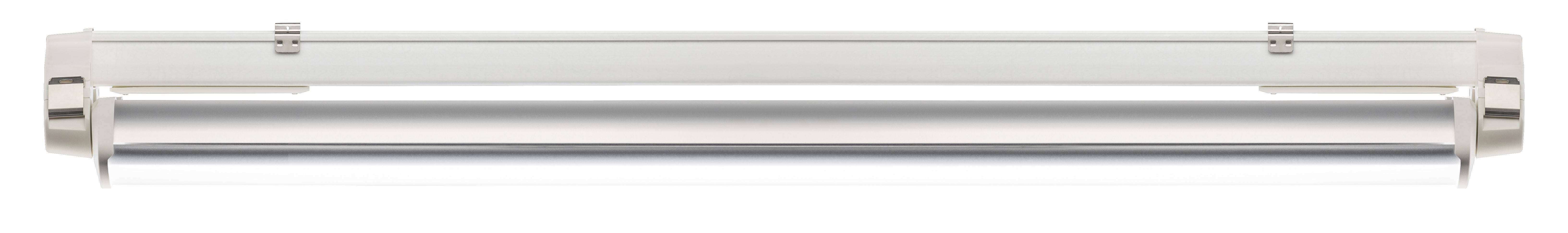 Eine längliche, moderne LED-Leuchte in Silber und Weiß, montiert zur Deckenbefestigung. Geeignet für Büro- oder Wohnraumbeleuchtung.