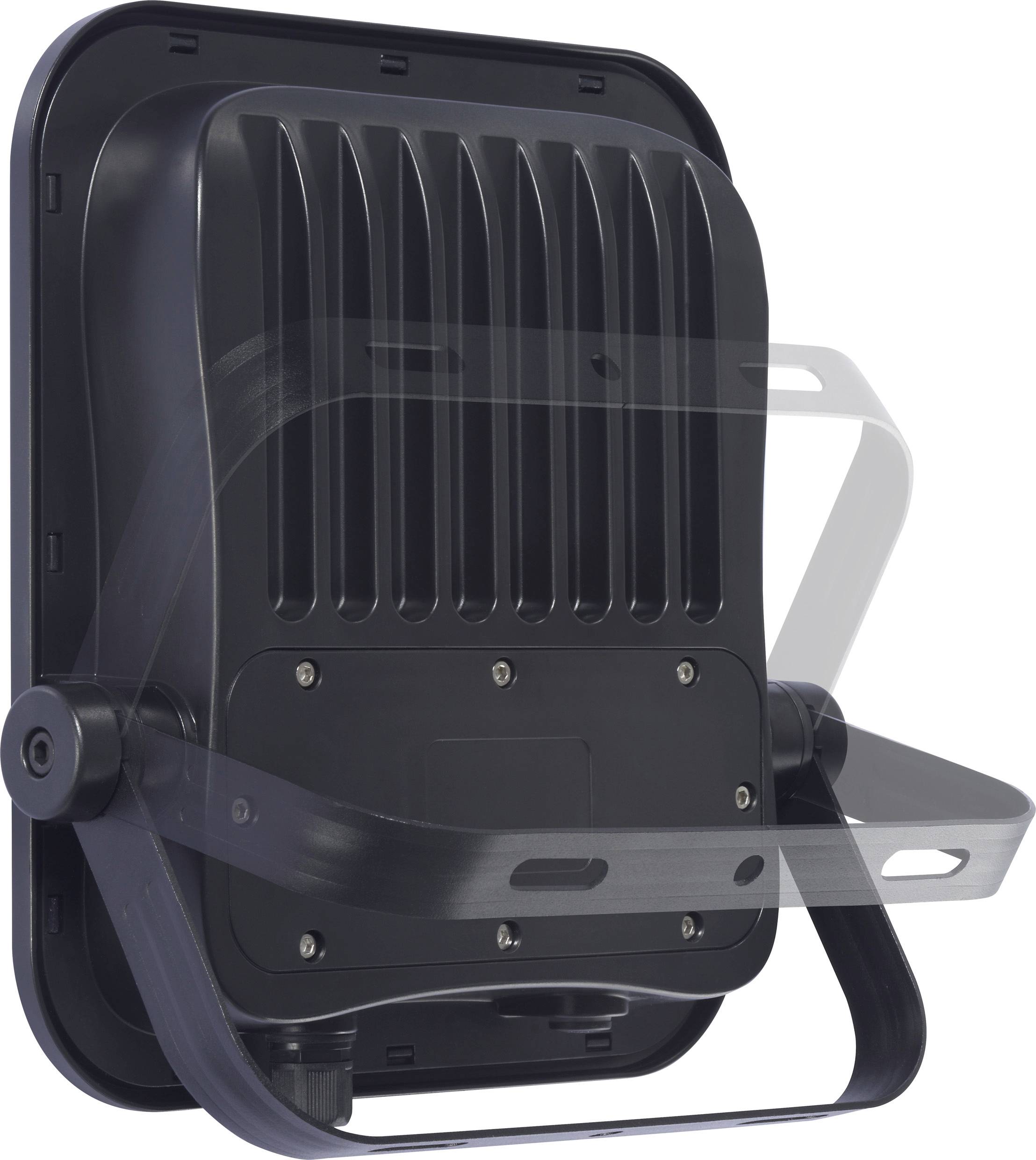 Schwarzer LED-Strahler mit Rippenkühlung und verstellbarer Halterung, seitlich betrachtet. Geeignet für Außenbeleuchtung.