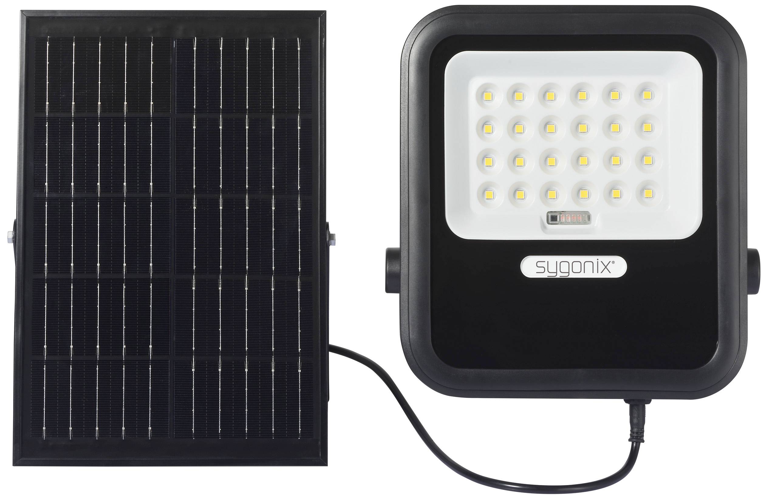 Solarbetriebenes LED-Flutlicht mit 21 LEDs, verbunden mit einem Solarmodul. Ideal für energieeffiziente Außenbeleuchtung.