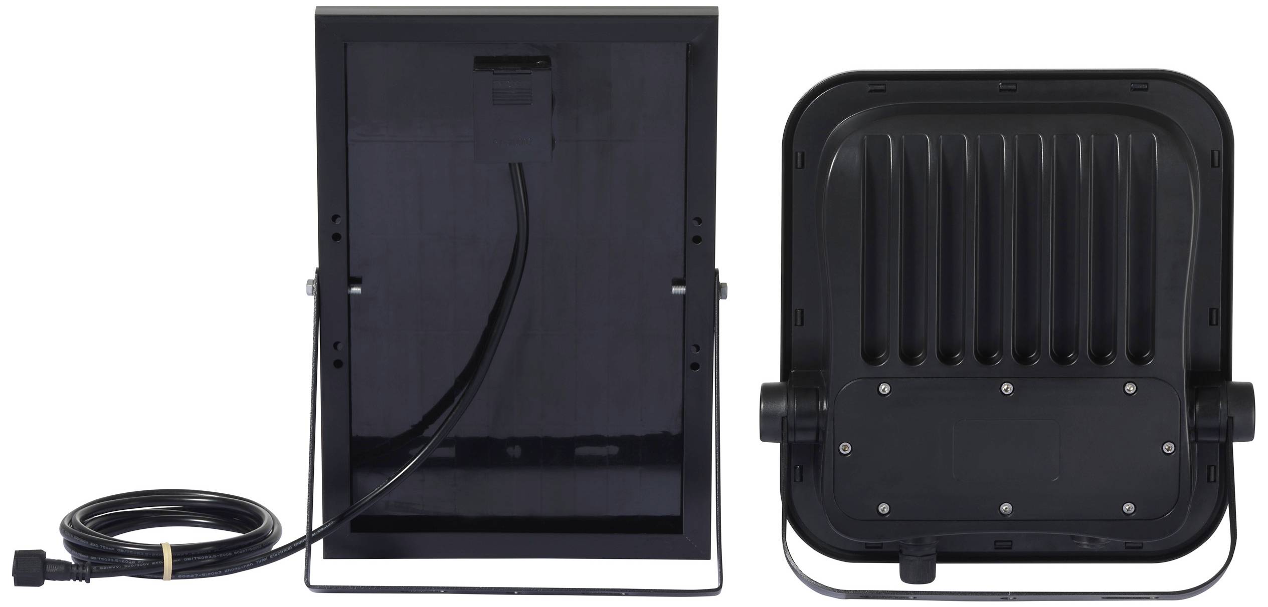 Zwei schwarze elektrische Geräte: links ein Rechteck mit Kabel, rechts ein quadratisches Gerät mit Rippenmuster auf der Rückseite.