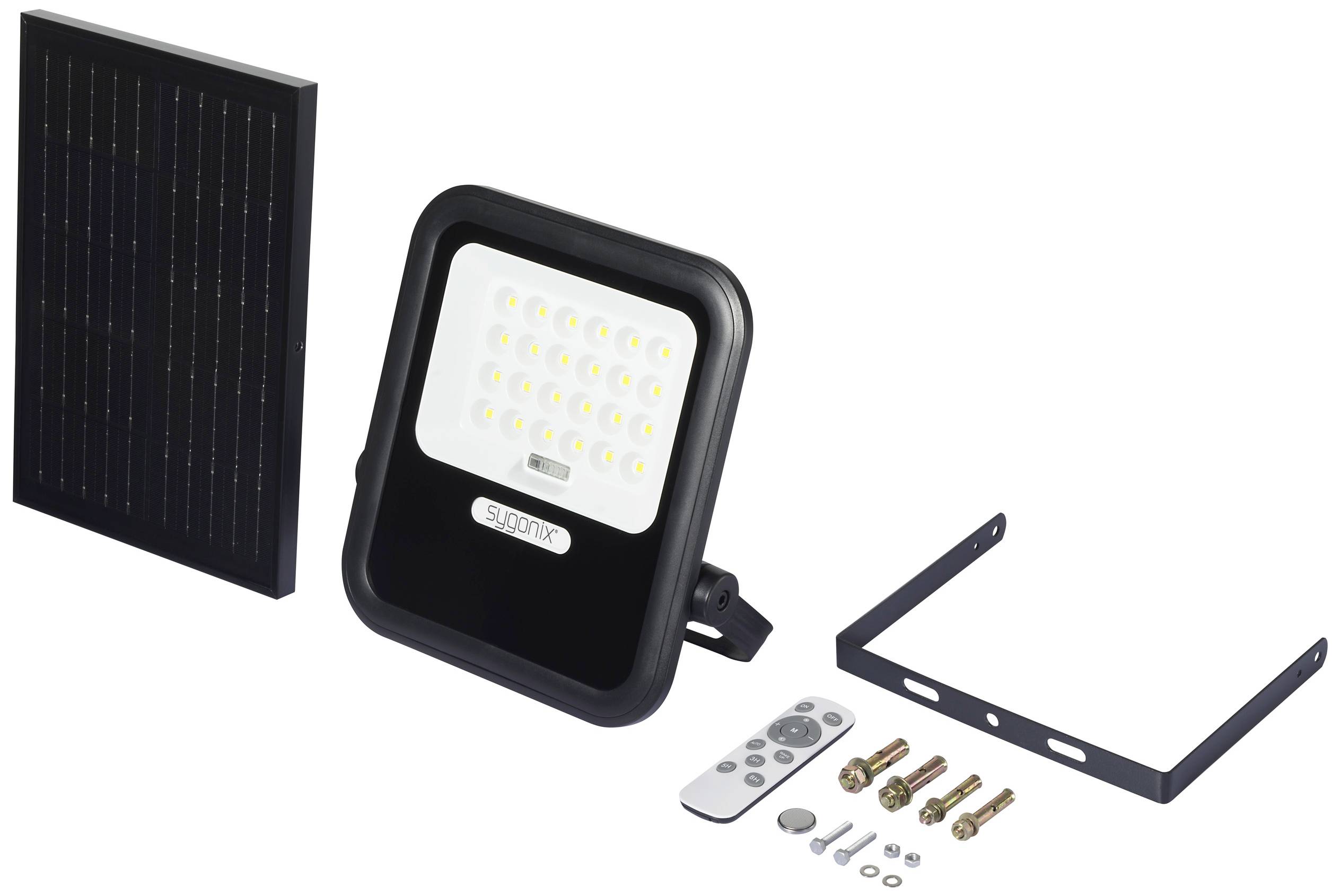 LED-Solarstrahler-Set mit Solarpanel, Fernbedienung und Montagematerial. Ideal für energieeffiziente Außenbeleuchtung.