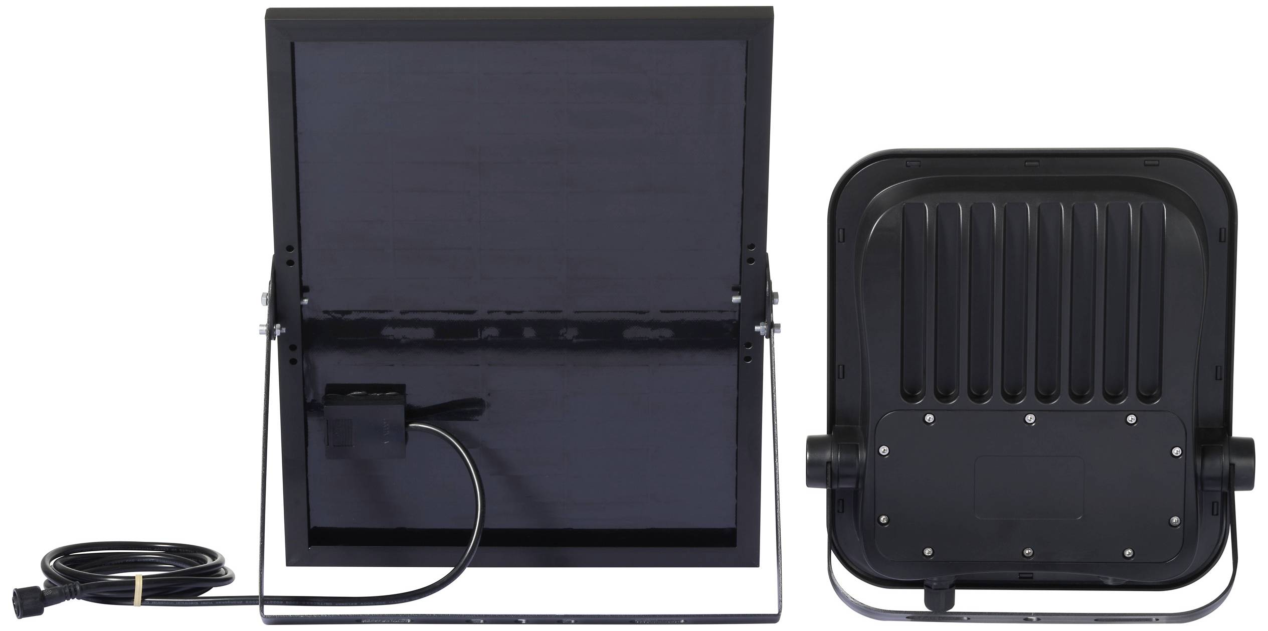 Solarbetriebener LED-Strahler mit Solarpanel und Kabel. Ideal für energiesparende Beleuchtung im Außenbereich.