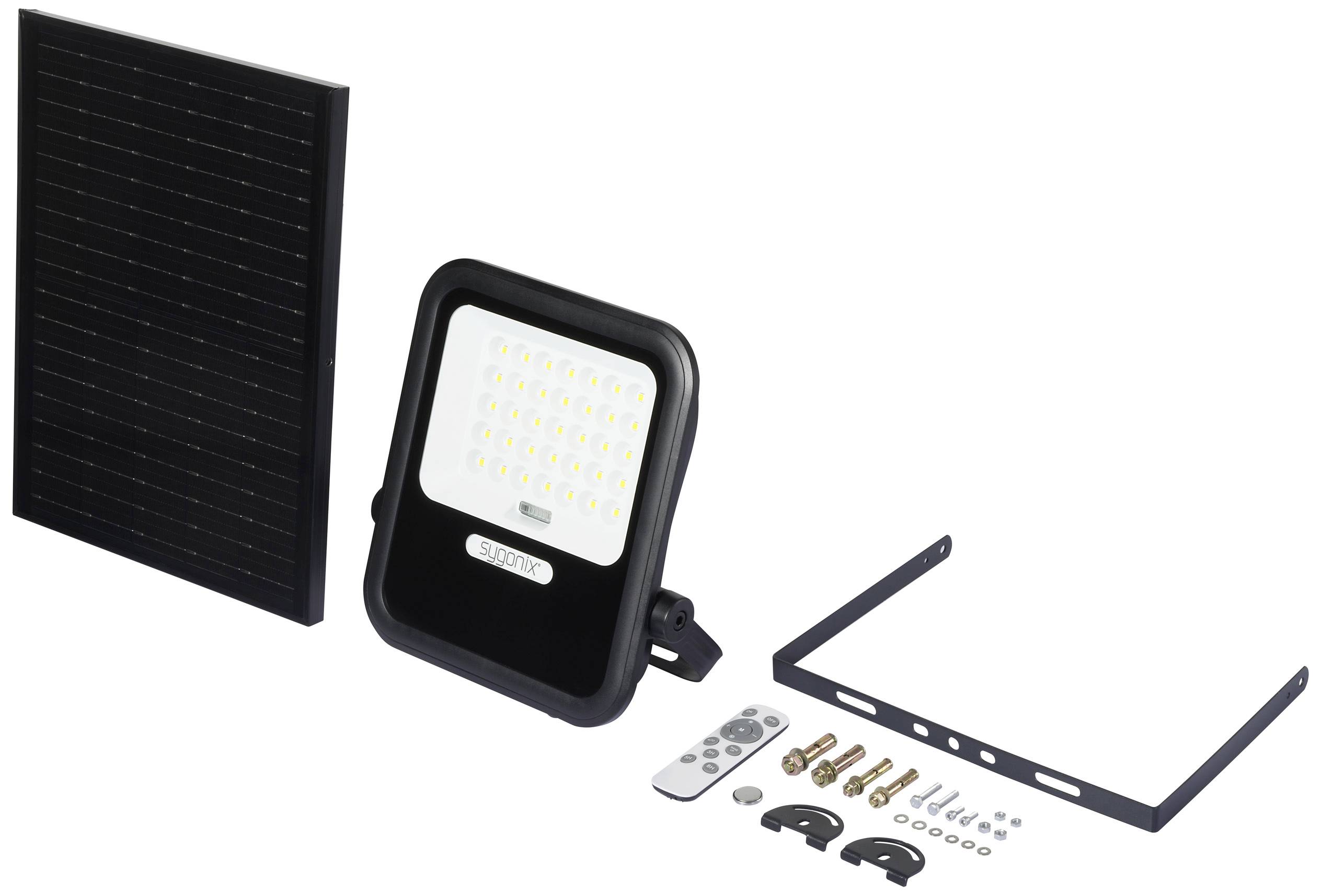LED-Flutlicht mit Solarpanel, Fernbedienung und Montagesatz. Eignet sich für Außenbereiche, Energieeinsparung durch Solarenergie.
