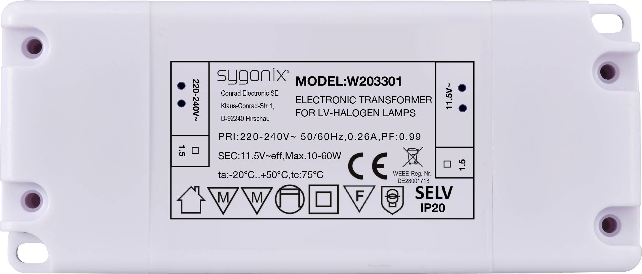 Sygonix SY-6313016 Halogen Transformator 11.5 V/AC 10 - 60 W