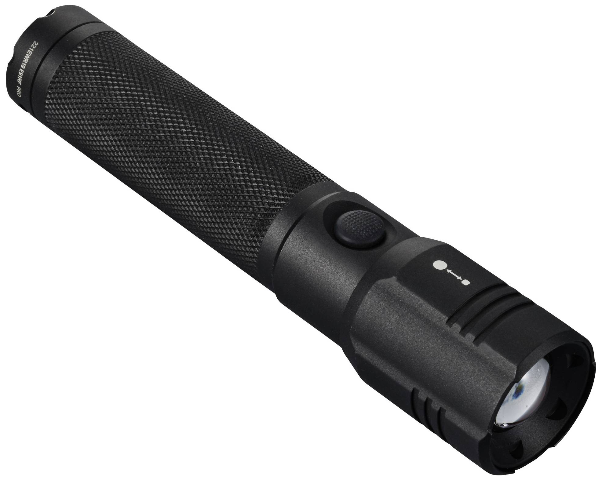 Schwarze Taschenlampe mit strukturierter Oberfläche und Ein-/Ausschalter an der Seite.